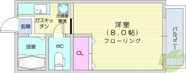 オークヒルズⅢ(1K/1階)の間取り写真