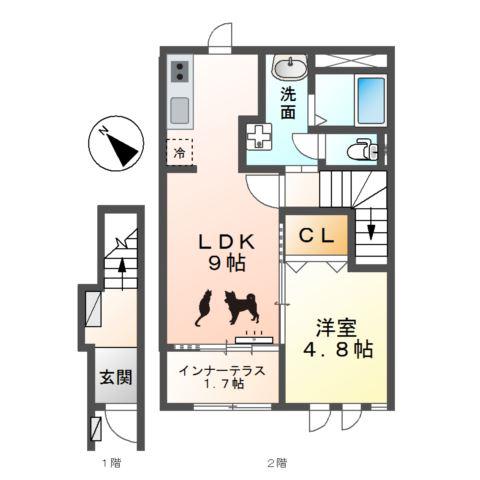 ウエストウイングIII(1LDK/2階)の間取り写真