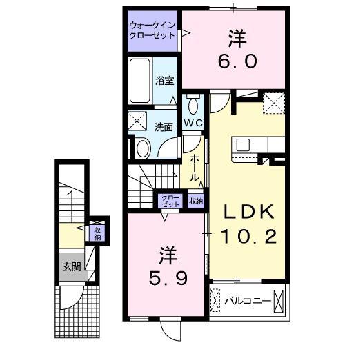クレール フォンテーヌII(2LDK/2階)の間取り写真