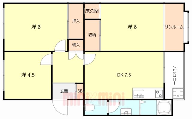 東園田団地2号棟(3DK/5階)の間取り写真