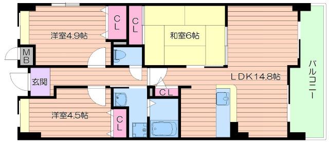 カステッロはなふさ長居(3LDK/4階)の間取り写真