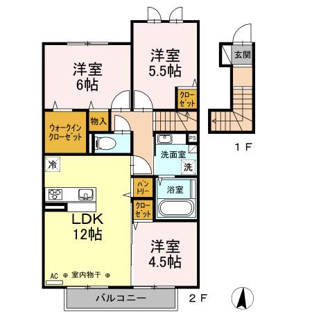 雅弐番館(3LDK/2階)の間取り写真