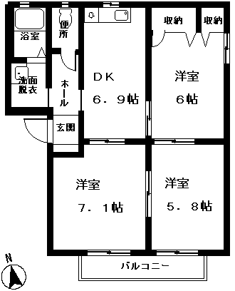 パティオ笛吹B棟(3DK/2階)の間取り写真