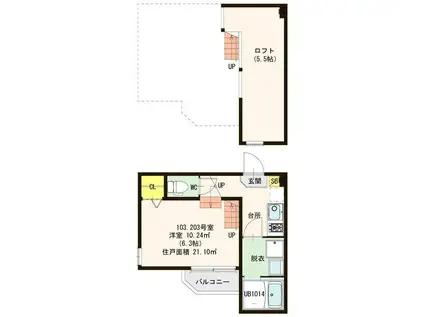 ハーモニーテラス五十人町(1K/2階)の間取り写真