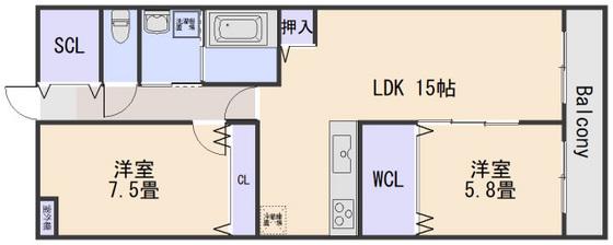 クレスト山本I(2LDK/2階)の間取り写真