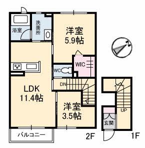 カサクレシアVI(2LDK/1階)の間取り写真