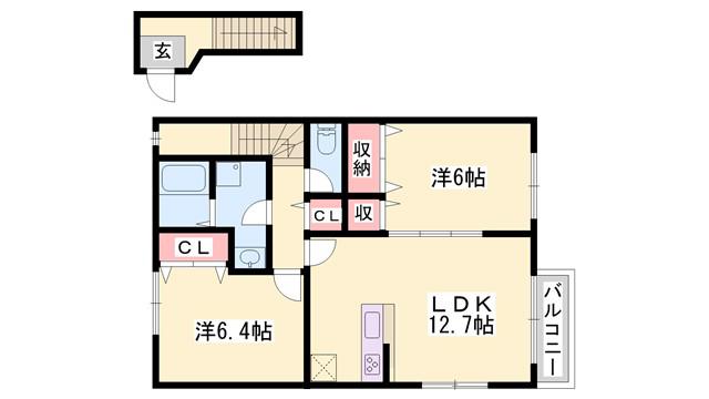 グランドゥールB(2LDK/2階)の間取り写真