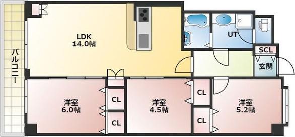 スカイハイツ麻生1号棟(3LDK/8階)の間取り写真