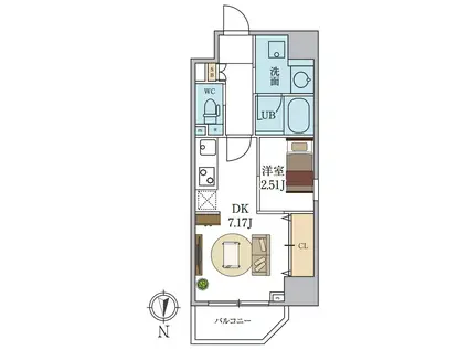 シーズンフラッツ新町(1DK/9階)の間取り写真