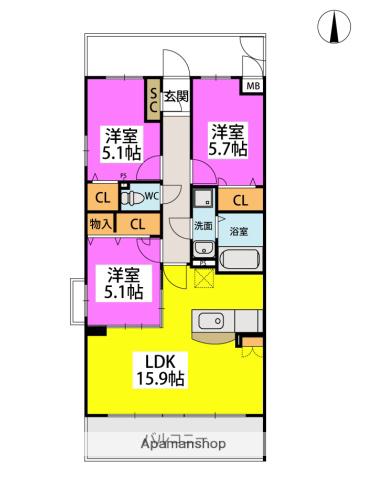 テラフォルトゥーナ(3LDK/5階)の間取り写真