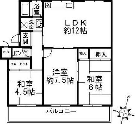 名谷6団地31号棟(3LDK/3階)の間取り写真
