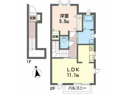 グリーンヒルズ荒巻B(1LDK/2階)の間取り写真