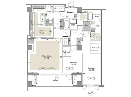 東京メトロ日比谷線 六本木駅 低層(2LDK/1階)の間取り写真