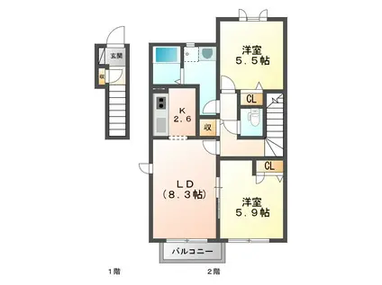 ヒュドールヒューレーE棟(2LDK/2階)の間取り写真