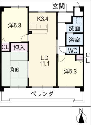エクセルナカゼンII(3LDK/3階)の間取り写真