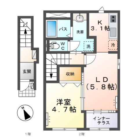 水戸市大塚町字糀内 アパート(1LDK/2階)の間取り写真