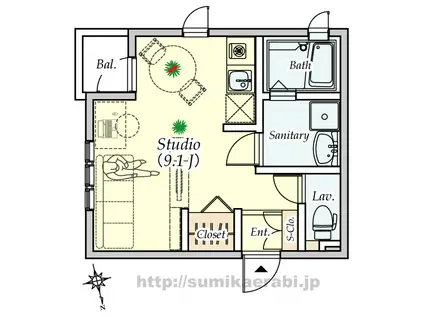 鴈荘(ワンルーム/2階)の間取り写真