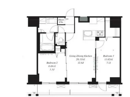 フレンシア菊川(2LDK/9階)の間取り写真