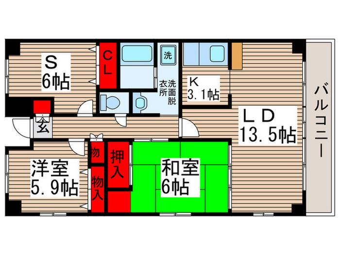 サングリーン海道割(2SLDK/6階)の間取り写真