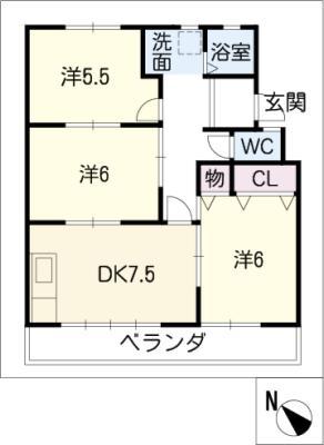 六軒屋農住団地コーポ美園(3DK/2階)の間取り写真