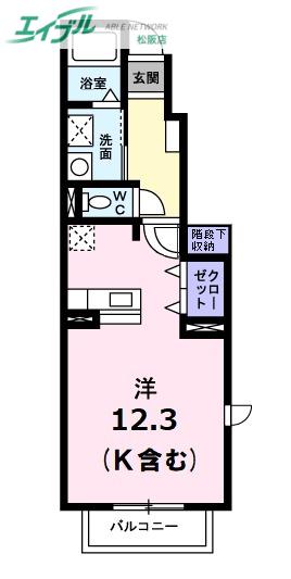 フォンテーヌB(ワンルーム/1階)の間取り写真