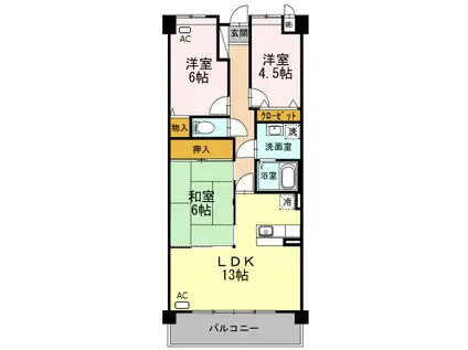 プラザハイツ二ツ屋 F棟(3LDK/2階)の間取り写真