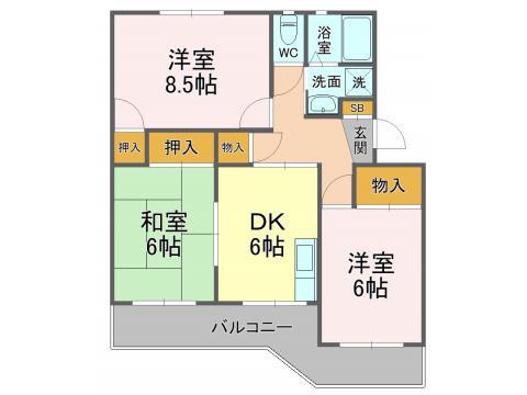 YKハイム北安東D棟(3DK/3階)の間取り写真