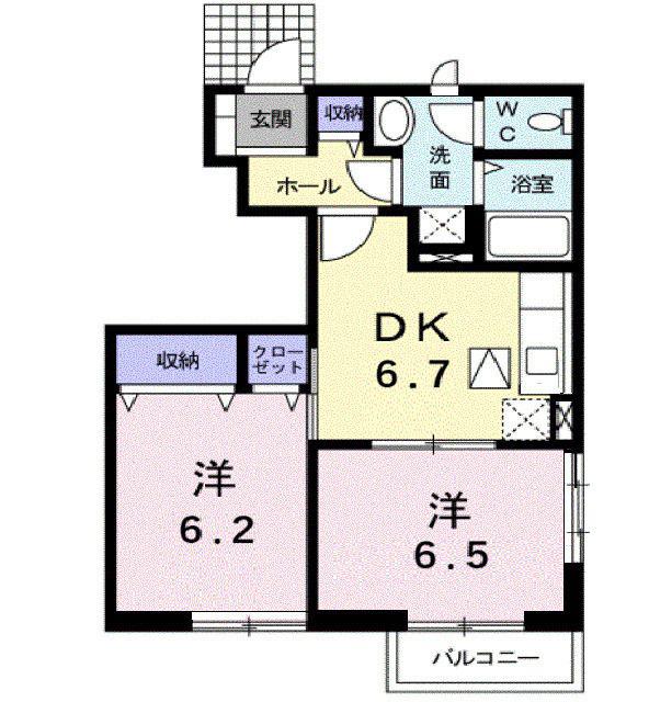 ハイブリッヂハピネスA(2DK/1階)の間取り写真