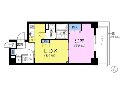 ボヌール北町(1LDK/4階)の間取り写真
