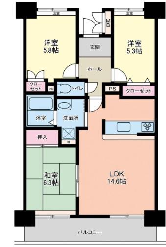ルワージュ八幡駅前1(3LDK/8階)の間取り写真