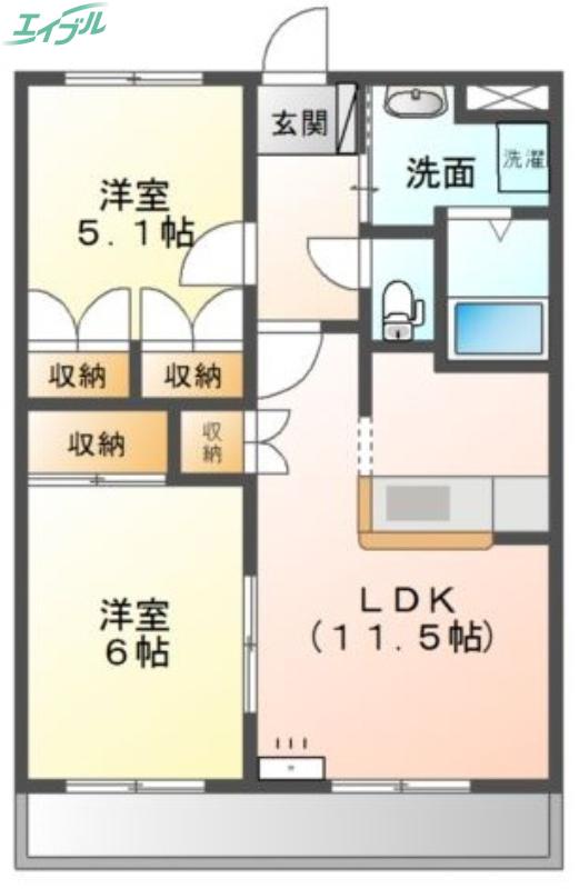 プロニティオオフク壱番館(2LDK/2階)の間取り写真