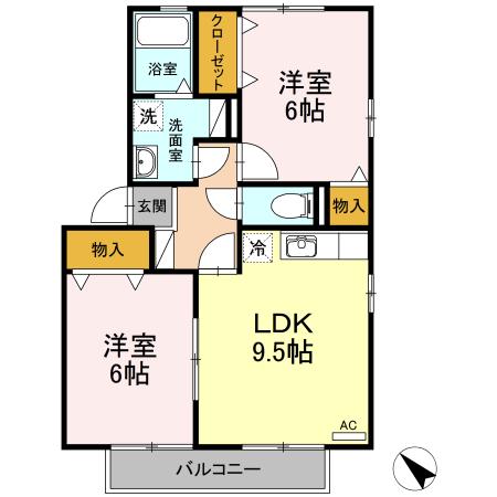 カーサソレイユB棟(2DK/2階)の間取り写真