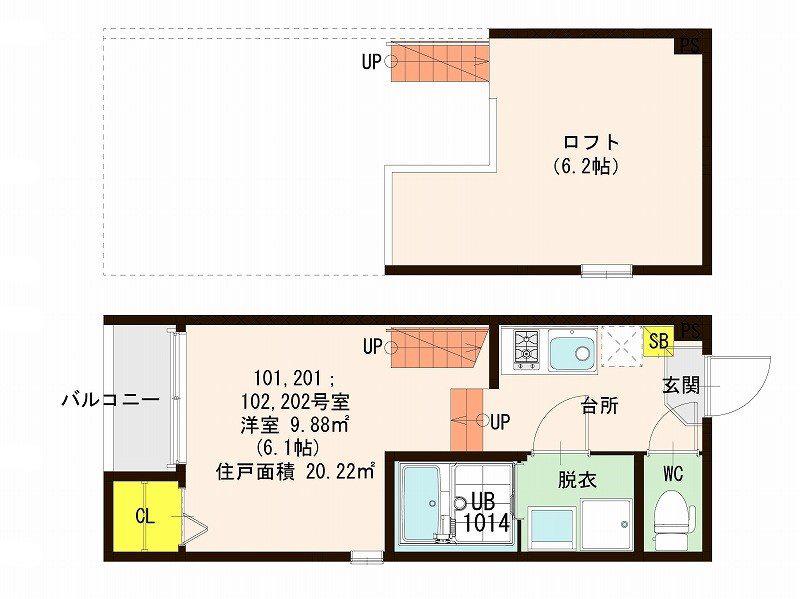 GREENWOOD吉塚(1K/2階)の間取り写真