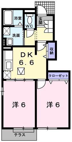 ウエスト フォンティーヌ(2DK/1階)の間取り写真
