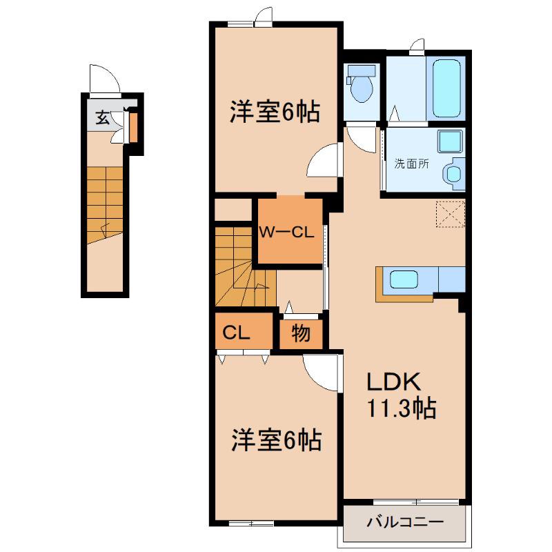 コンフォートヴィラ旭原II号棟(2LDK/2階)の間取り写真