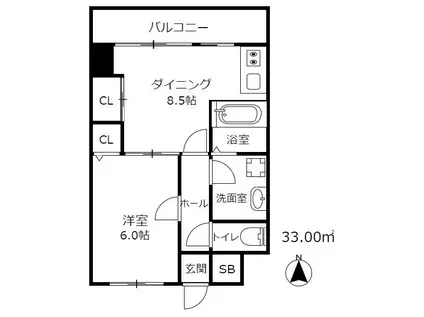 ユニバーサルビル(1DK/9階)の間取り写真