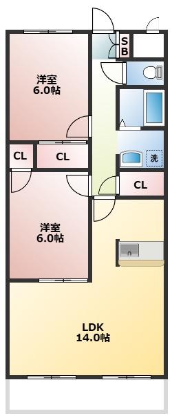 グレース高比良 S棟(2LDK/2階)の間取り写真