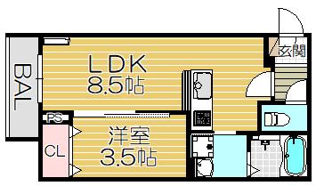 ピュアフィールド建家町(1LDK/3階)の間取り写真