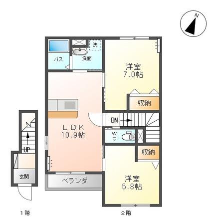 静かで落ち着いた住環境が魅力(2LDK/2階)の間取り写真
