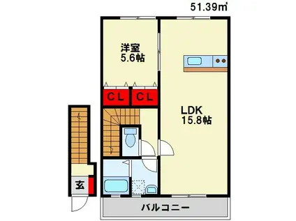 ルネス若園 B棟(1LDK/2階)の間取り写真