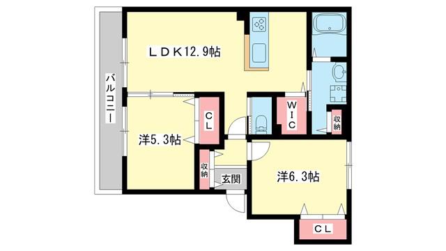 グランディール学園前(2LDK/2階)の間取り写真