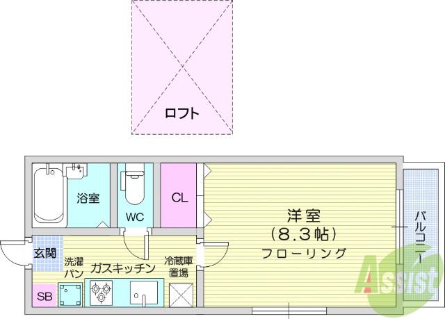 プリンスコート高松(1K/2階)の間取り写真