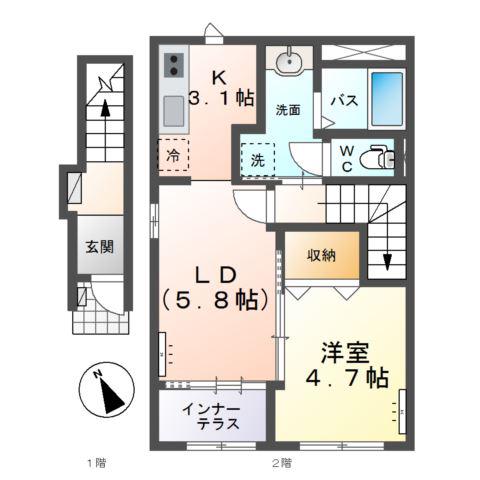 水戸市大塚町字糀内 アパート(1LDK/2階)の間取り写真