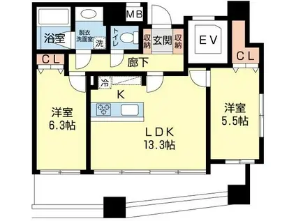 六軒町伍番館(2LDK/9階)の間取り写真