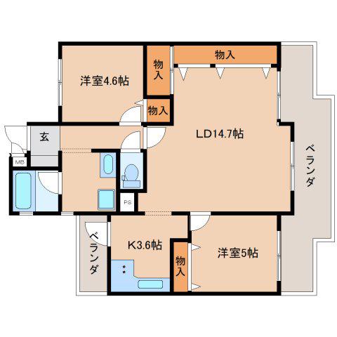 ライフヒルズ富雄(2LDK/6階)の間取り写真