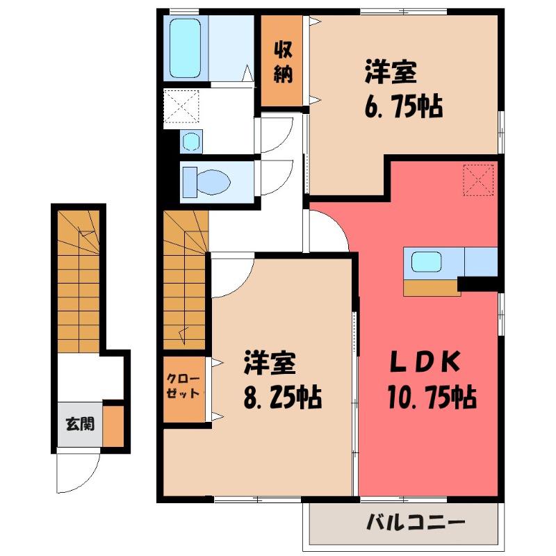 プリムヴェール上並榎B(2LDK/2階)の間取り写真