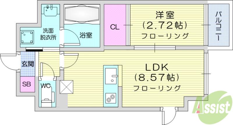 APPLE原町(1LDK/3階)の間取り写真