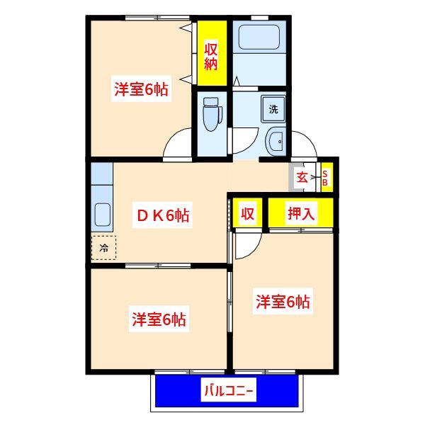 セジュールミナミ B棟(3DK/2階)の間取り写真