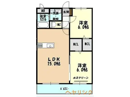 ラ・フォンテ野萩(2LDK/2階)の間取り写真