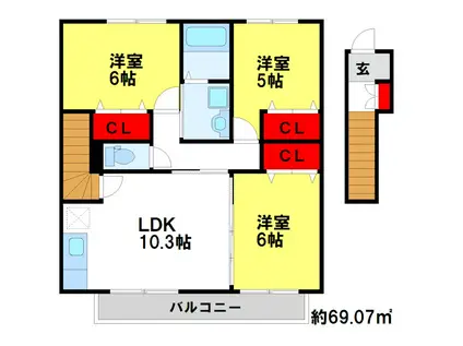 パークハイム水城B棟(3LDK/2階)の間取り写真